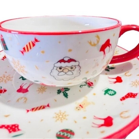 Christmas Ceramic Tea Set With Santa & Reindeer Design - Cup Saucer & Teapot - Picture 3 of 4
